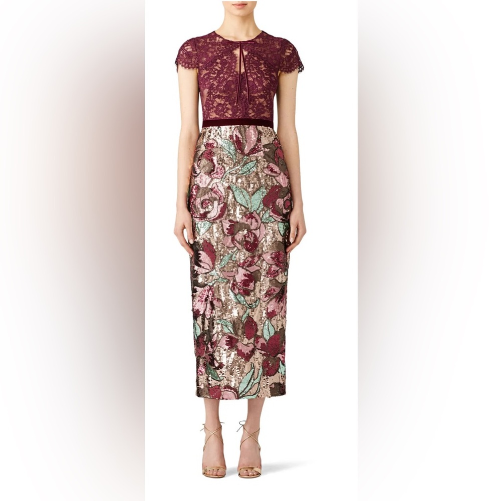 Lace Bodice Floral Sequin Maxi Dress in Burgundy and Blush